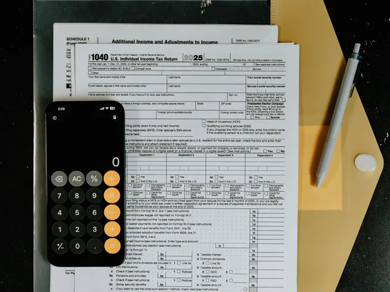 A 1040 tax form, calculator, and pen laid out for working out a quarterly set-aside